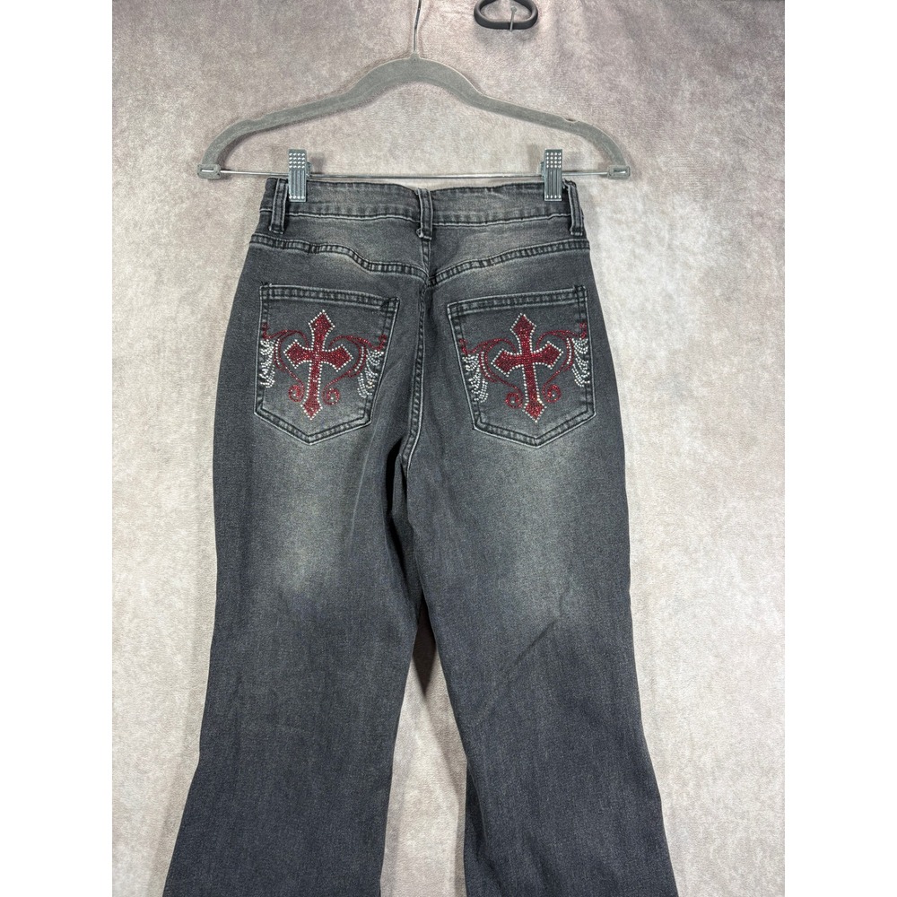 Romwe Jeans Womens S Grey Flare Cross Rhinestone Embellished Y2K Grunge Gothic